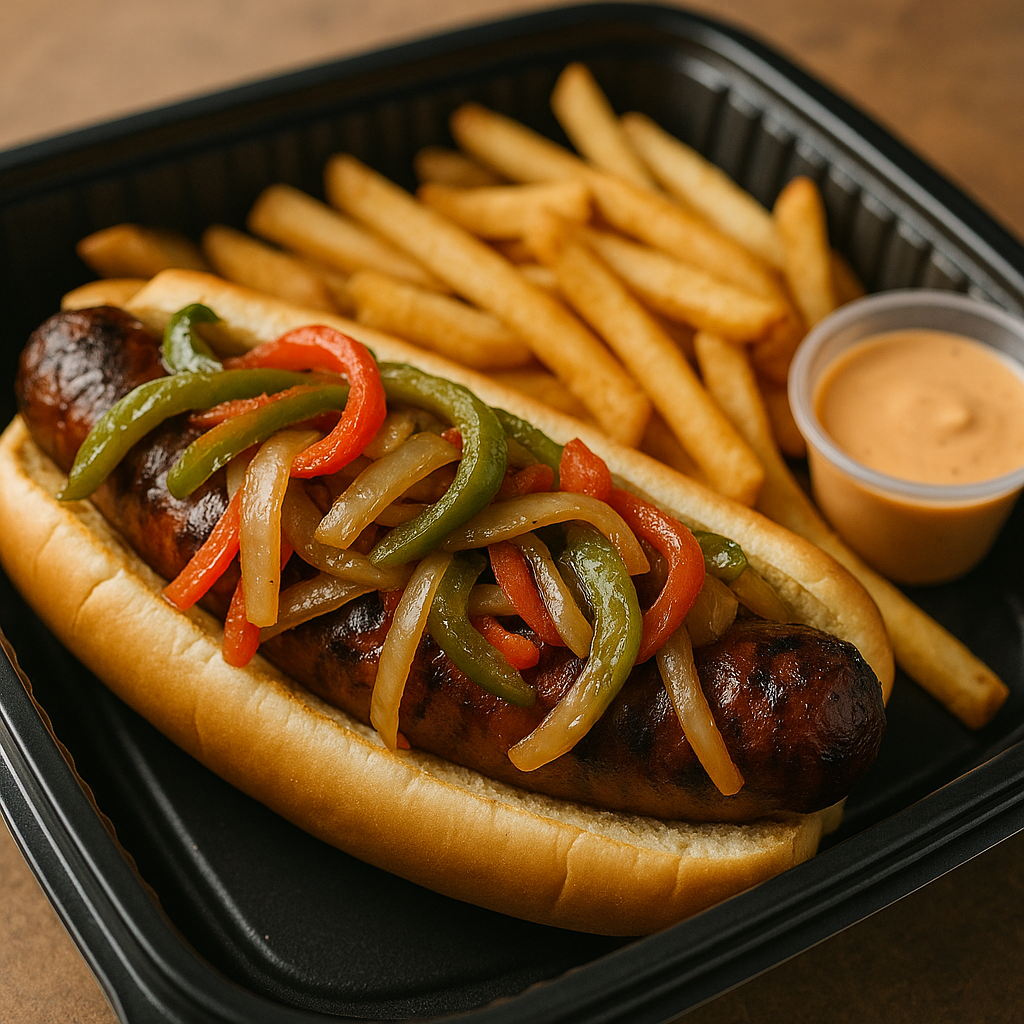 Gator Sausage & Peppers and Fries - Spicy gator sausage with bell peppers and onions